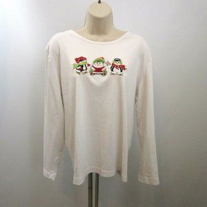 Christmas White T-Shirt Top Embroidered Penguins Long Sleeves Rounded Neck Links